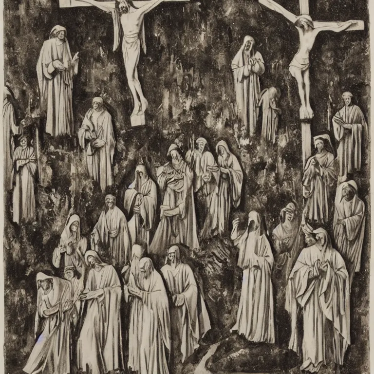 Prompt: A Holy Week procession of souls in a lush Spanish landscape at night. A figure at the front holds a cross. Art Deco.