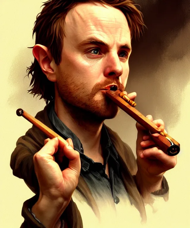 Prompt: portrait hobbit jesse pinkman, smoking a wooden pipe, caricature, headshot, highly detailed, digital painting, artstation, concept art, sharp focus, cinematic lighting, illustration, art by artgerm and greg rutkowski, alphonse mucha, cgsociety