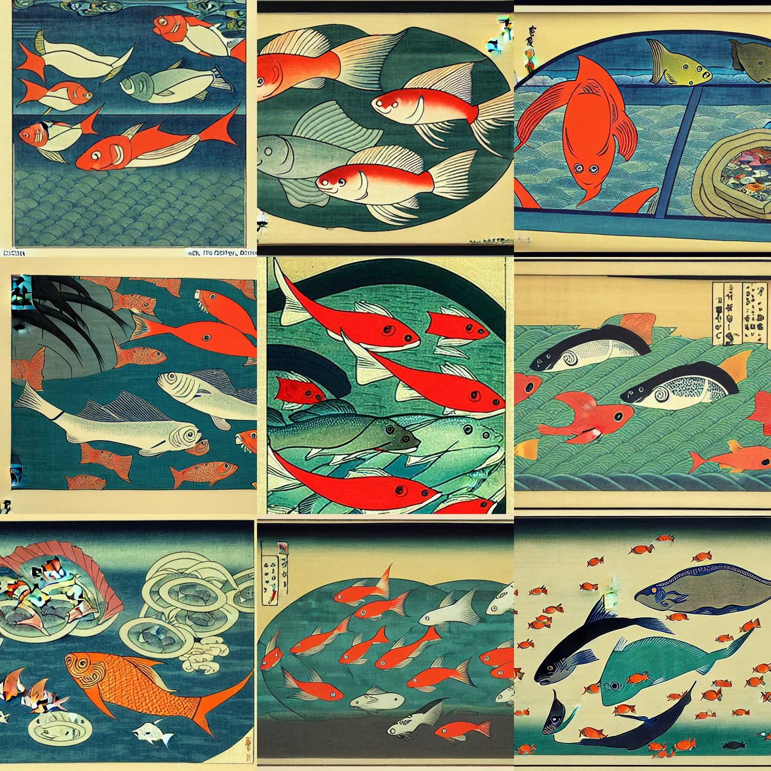 Prompt: fishes swimming in a dashboard with time series charts, pie plots and other graphics. diego rivera ( in ukiyo - e style )