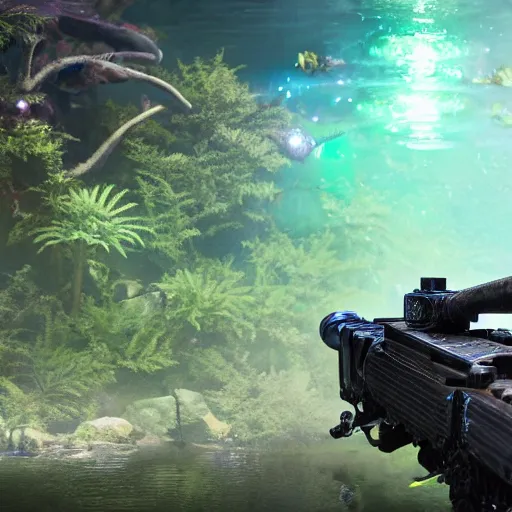 Image similar to amphibious toad mech stepping out of a pond with a lazer rifle dripping water. film still. brightly lit scene. this 4 k hd image is trending on artstation, featured on behance, well rendered, extra crisp, features intricate detail, epic composition and the style of unreal engine, national geographic, bandai box art.