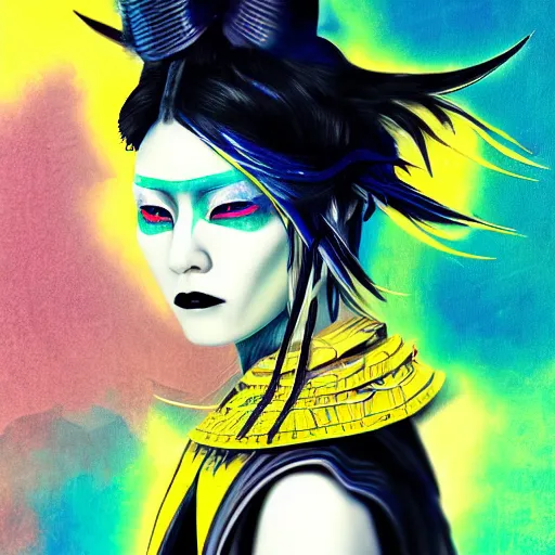 Prompt: photorealistic portrait of a beautiful, female samurai warrior, ghost in a shell, ready to fight, goth punk, vibrant yellow, blue, colors, surreal, a french baroque by by alexander mcqueen, hyper detailed, cinematic lighting