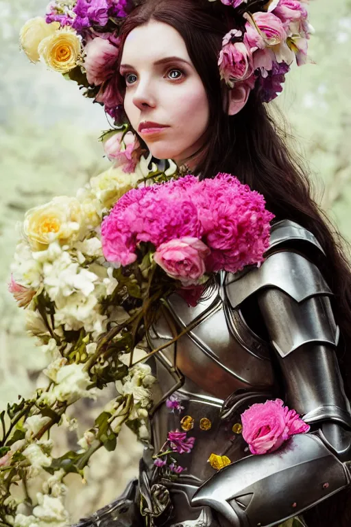 Prompt: closeup portrait of a beautiful mysterious amouranth warrior wearing an armour costume and helmet, holding a bouquet of flowing flowers from below, hands disappeared under the bouquet of flowers, profile view, fantasy, regal, intricate, by ren hang, martine johanna, tran nguyen