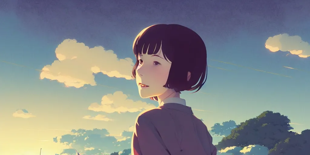 Image similar to portrait of a smiling girl by ilya kuvshinov, cloudy sky background lush landscape ln illustration concept art anime key visual trending pixiv by victo ngai fanbox by greg rutkowski makoto shinkai takashi takeuchi studio ghibli