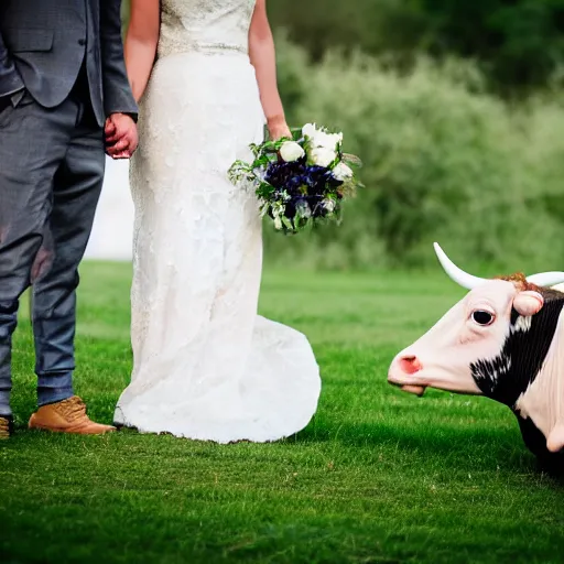 Prompt: a bride and groom playfully press up against a cow on a farm, wedding photo