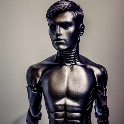 Image similar to “a realistic detailed photo of a guy who is an attractive humanoid who is half robot and half humanoid, who is a male android, twitch streamer Ludwig, shiny skin, posing like a statue, blank stare”