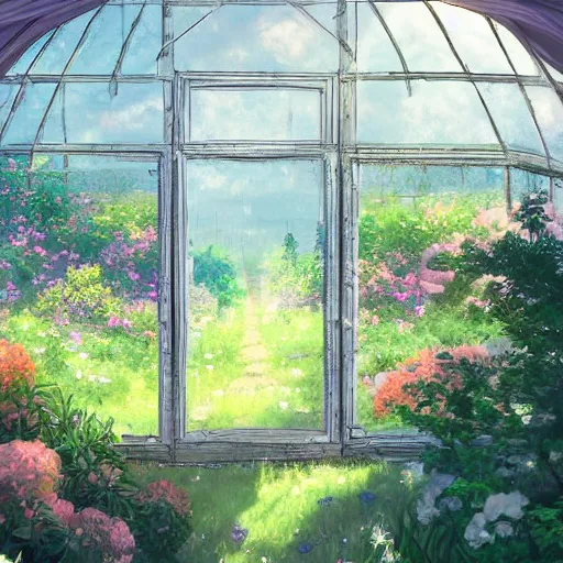 Image similar to a heavenly dream view from the interior of my cozy greenhouse filled with exotic and numerous plants from a Makoto Shinkai oil on canvas inspired pixiv dreamy scenery art majestic fantasy scenery cozy window frame fantasy pixiv scenery art inspired by magical fantasy exterior