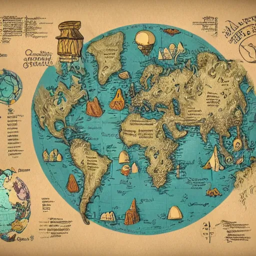 Image similar to imaginary map of a fantacy world, drawing of different elements in the lands, different realms, blueprint, infographic, on paper, natural colors, vintage, with notes, highly detailed, trending on artstation, beautiful