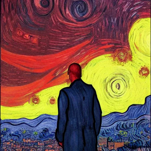 Image similar to painting of the last human on earth watching annalien invasion descending onto a city, in the style of Vincent Van Gogh and Edward Hopper