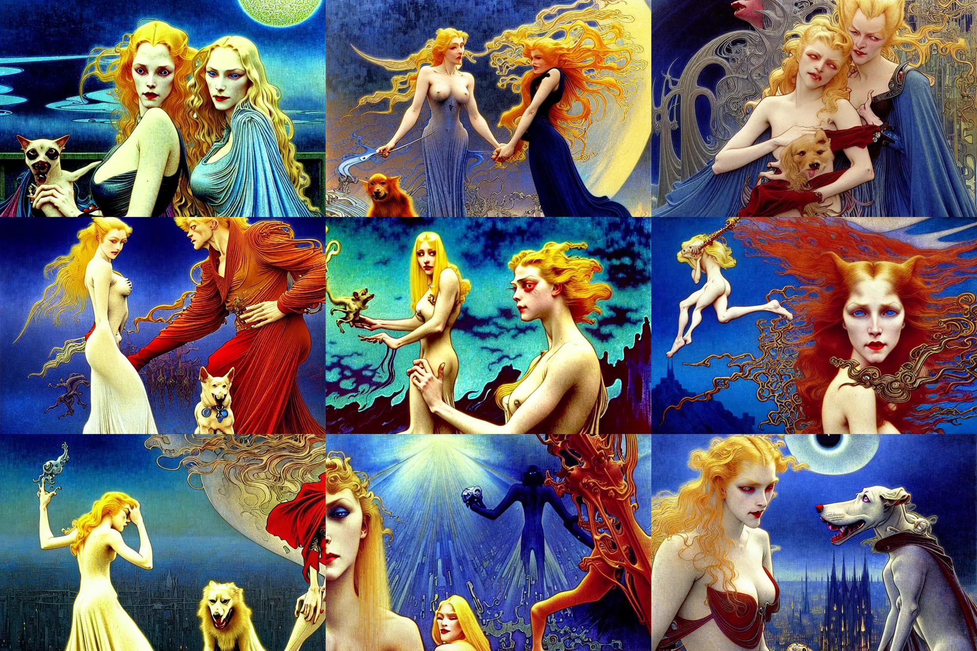 Prompt: realistic detailed movie shot of a beautiful blond vampire woman with an angry dog, futuristic street background by jean delville, amano, yves tanguy, alphonse mucha, ernst haeckel, edward robert hughes, roger dean, rich moody colours, blue eyes