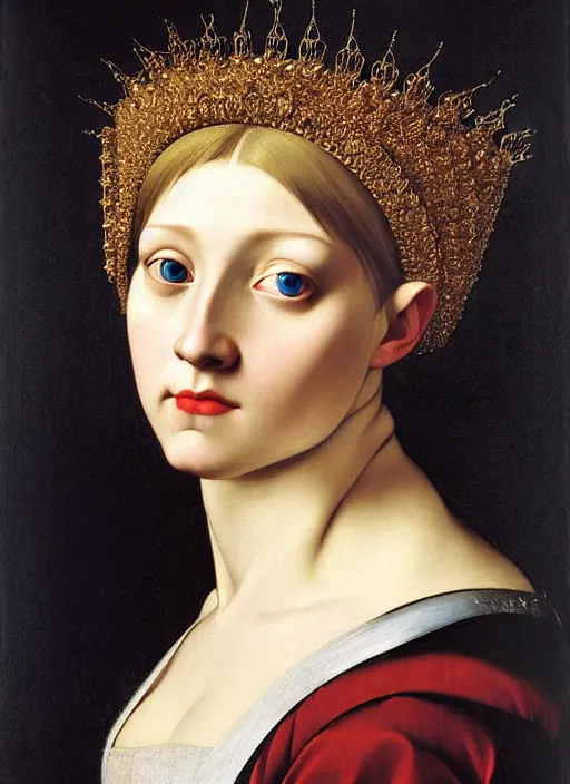 Prompt: portrait of young woman in medieval dress and medieval headdress, blue eyes and blond hair, style by the caravaggio