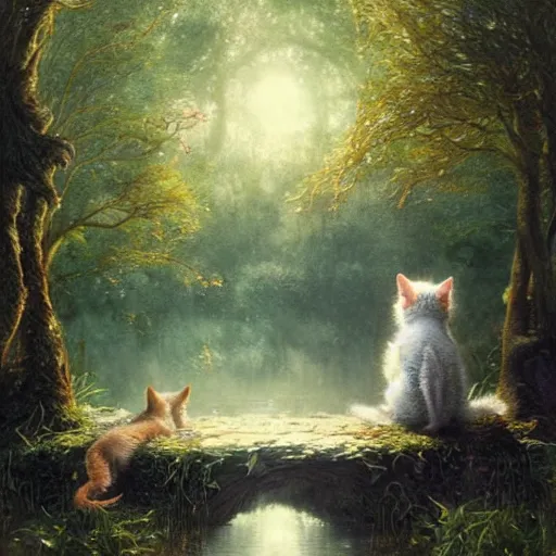 Image similar to two kittens in the enchanted forest watching the fish in the stream, fantasy, intricate, extremely detailed, matte, artstation, art by greg rutkowski, louis wain, alan lee, terry gilecki