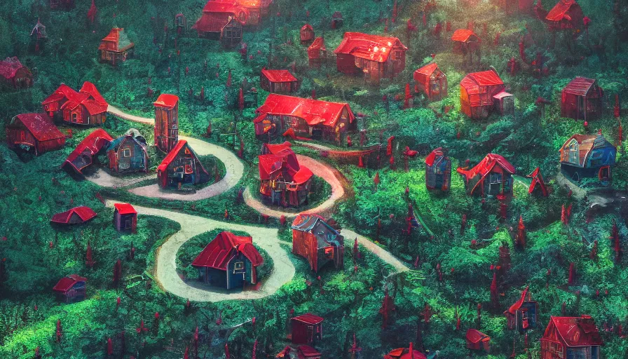 Prompt: of a beautiful big Hyperrealistic glass castle made of red diamonds on top of a hill in the middle of a dark and creepy forest with little rainbow colored shack houses scattered along the lower valley region, macro lens, highly detailed, digital painting, trending artstation, concept art, illustration, cinematic lighting, vibrant colors, photorealism, epic, octane render