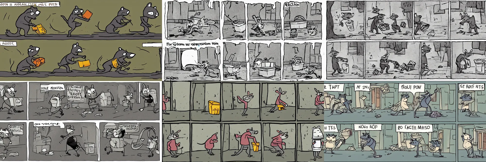 Prompt: a storyboard sequence for two raccoons throwing trash at a rat