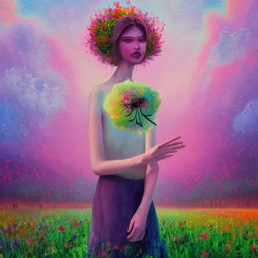 Image similar to girl with one blooming flower as a face, surreal photography, dream, standing in flower field, hills, big trees, sunrise dramatic light, impressionist painting, colorful clouds, digital painting, pointillism, artstation, simon stalenhag, flower face