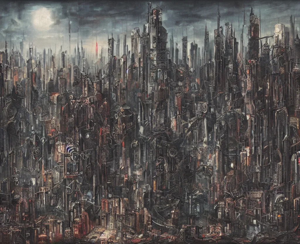 Image similar to a Dystopian gothic surrealism painting of a cyberpunk megalopolis