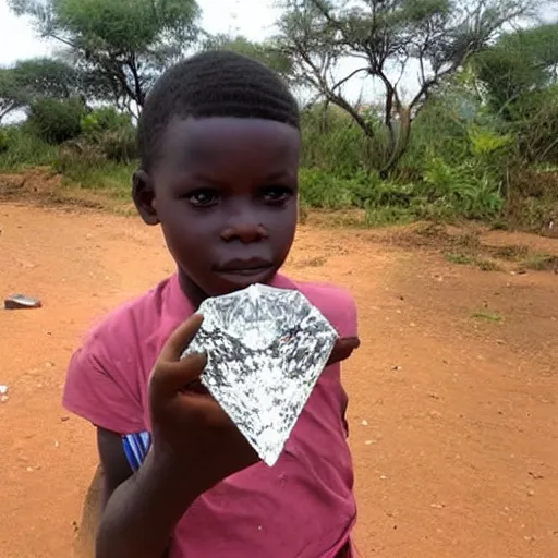 Image similar to poor kid in africa, finding a huge diamond and picking it up in his hand, looking impressed and amazed