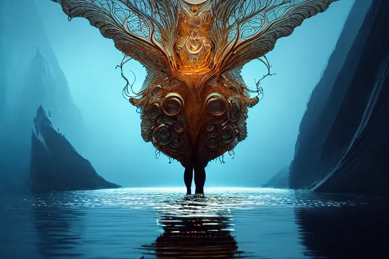 Image similar to creature in a alaska, water reflection, backlit, warm tones, bioluminescent bioluminescent translucent translucent : : by michal karcz, daniel merriam, victo ngai and guillermo del toro : : ornate, dynamic, particulate, intricate, elegant, highly detailed, centered, artstation, smooth, sharp focus, octane render, 3 d