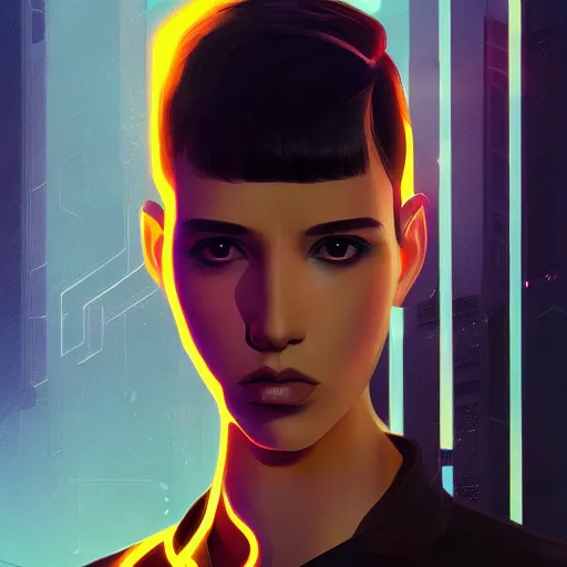 Image similar to portrait handsome androgynous sci - fi girl, blade runner 2 0 4 9, futuristic metropolis, digital art, pop art by hsiao - ron cheng