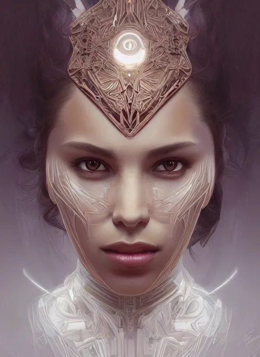 Image similar to symmetry!! lupe fuentes, machine parts embedded into face, intricate, elegant, highly detailed, digital painting, artstation, concept art, smooth, sharp focus, illustration, art by artgerm and greg rutkowski and alphonse mucha, 8 k