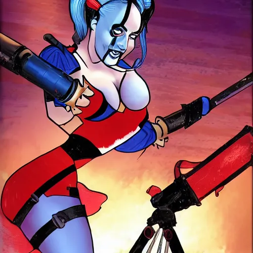 Prompt: harley quinn being catapulted out of a canon