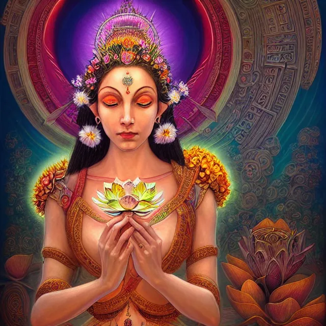 Prompt: Beautiful art of the flower queen goddess on a lotus, centered, symmetry, with the third eye on her forehead, painted, intricate, volumetric lighting, beautiful, rich deep colours masterpiece, sharp focus, ultra detailed, in the style of Dan Mumford and marc simonetti, with a clear crowded futuristic cyberpunk dubai city in the background, astrophotgraphy