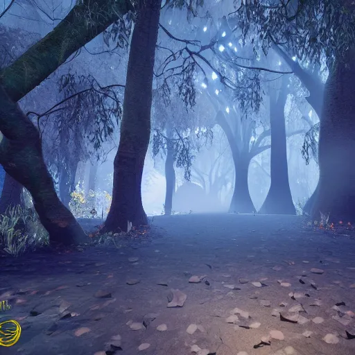 Image similar to a mystical forest by night , unreal engine 5.