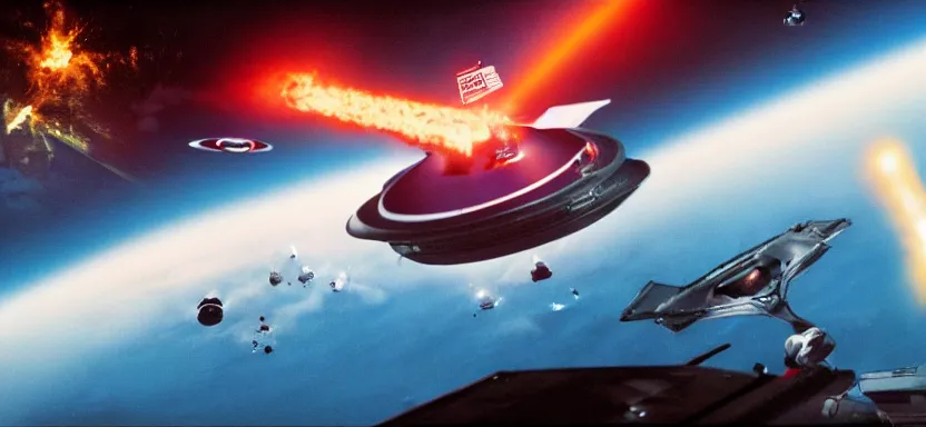 Image similar to a film still of an epic space ufo battle, explosions, wide angle, rule of thirds, colorful, thunderbirds, hbo, 4 k, hd, hyperrealistic, 7 0 mm, cronenberg