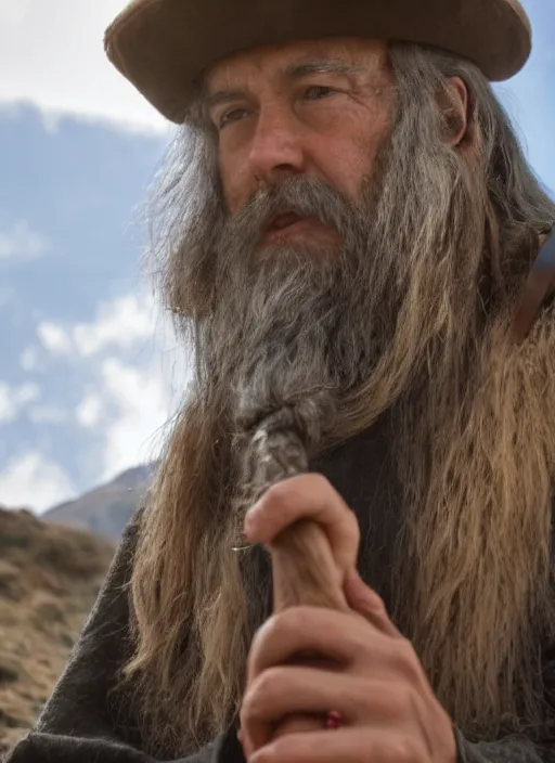 Prompt: A wizard with a staff, in a hat, stands on a mountain, high image quality and working out a face in 8k