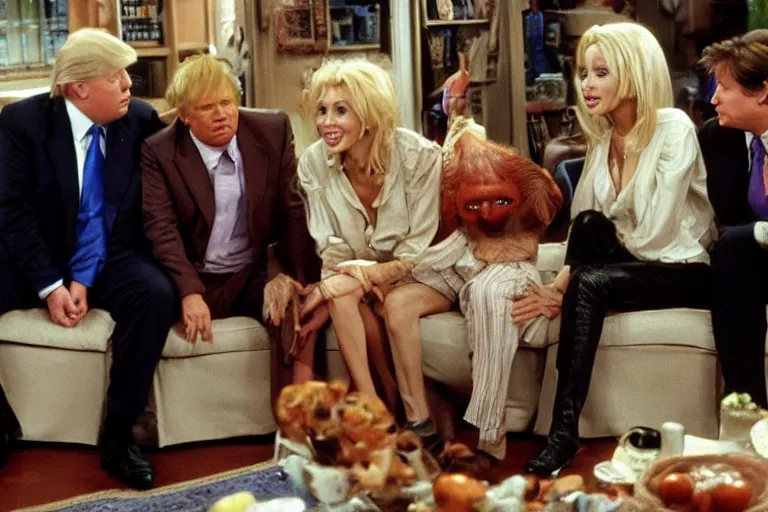 Image similar to Angelina Jolie, boris johnson, The Alien from the movie 'Alien', dolly parton, donald trump are best friends, on set of Friends TV show, still photo, hyperrealistic, 35mm, 8k, by weta digital