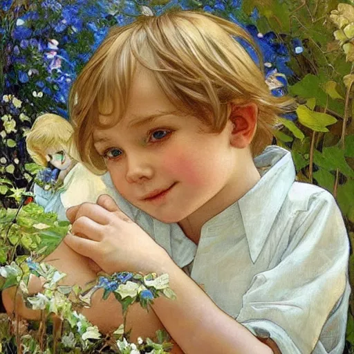 Prompt: a cute three year old boy with short straight blonde hair and blue eyes in a lovely garden, beautiful painting by artgerm and greg rutkowski and alphonse mucha, highly detailed face