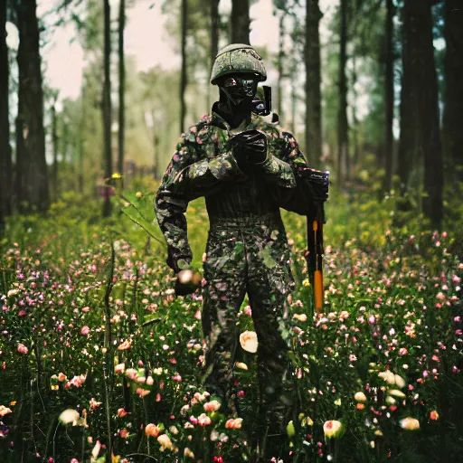 Image similar to close up kodak portra 4 0 0 photograph of a futuristic soldier in a flower crowd after the battle standing in dark forest, flower crown, moody lighting, telephoto, blurry background, faded