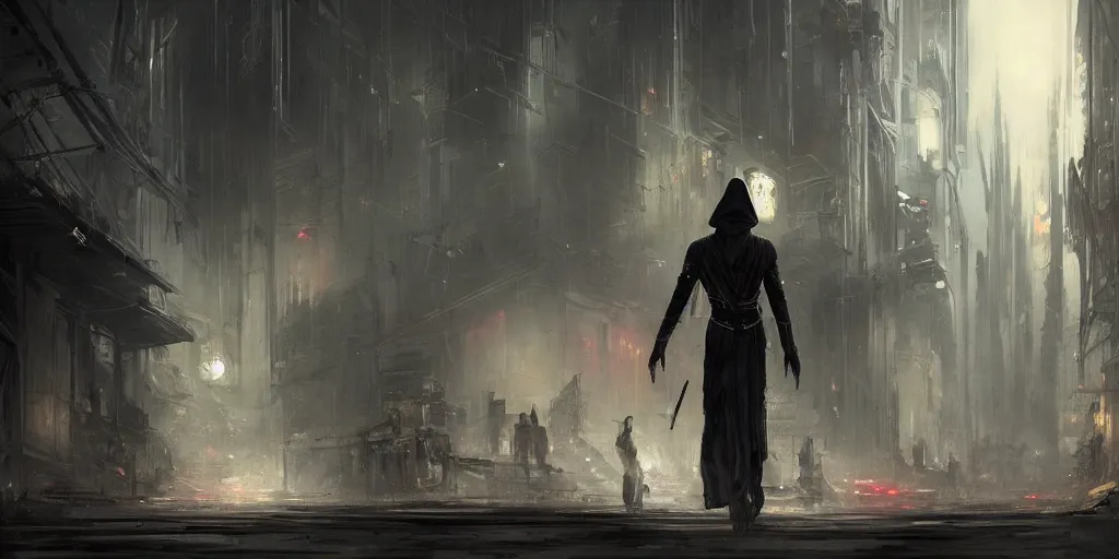 Image similar to a painting of a cinematic keyframe of star wars a dark sith black hooded from behind in a dark dystopian cyperpunk city slums, heavy atmosphere and smoke by greg rutkowski, rule of thirds, golden ratio, ambient lighting, wlop, artgerm, artstation, highly detailed masterpiece, dark fantasy art, high detail, trending on artstation