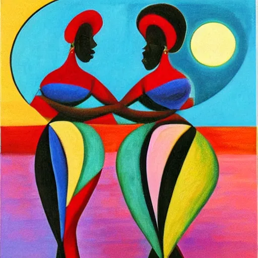 Prompt: two African Women in the moonlight dancing by the ocean as the waves roll by , high quality art in the style of cubism and georgia o’keefe,