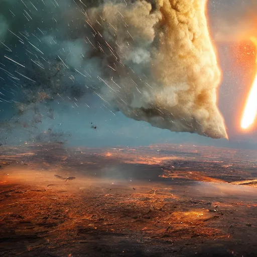 Prompt: meteor strike on earth, doomsday, spectacular explosion, photorealistic, ultra - detailed, 4 k high resolution, hdr shot, octane 4 k render