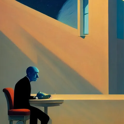 Image similar to Portrait of a man wearing a business dreaming about space, very coherent, painted by Edward Hopper, Wayne Barlowe, painted by James Gilleard, airbrush, art by JamesJean