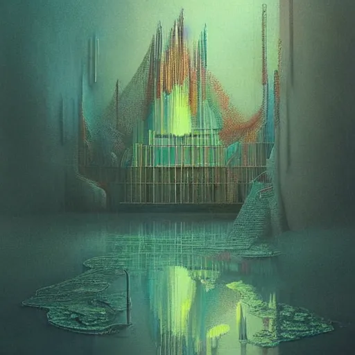 Image similar to strangely beautiful place. digital artwork by vincent bons, michael whelan, beeple, remedios varo and gerardo dottori. grainy and rough. interesting pastel colour palette. beautiful light. oil and water colour based on high quality render. retro.