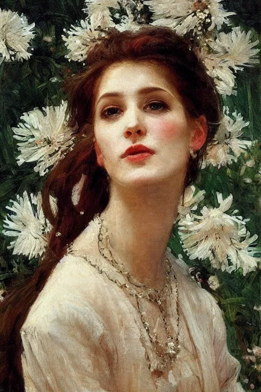 Image similar to close - up fashion woman portrait airy flowers clouds art by vasnetsov