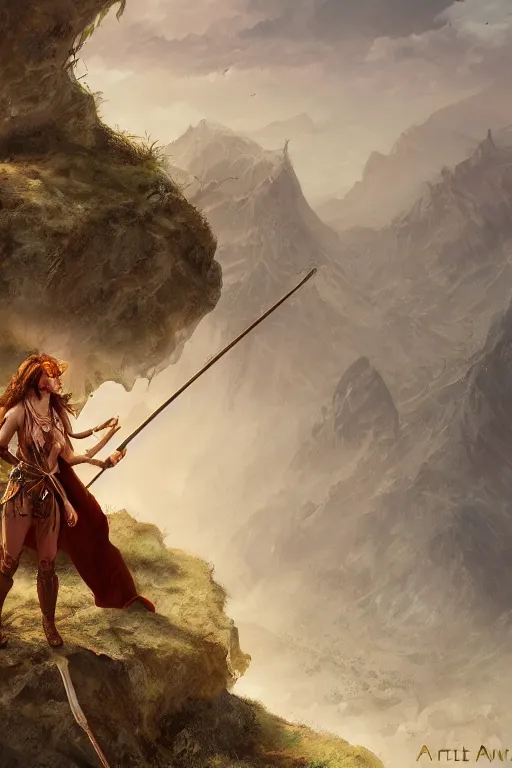 Prompt: concept illustration, trending on artstation, highly detailed, 8k, fantasy, woman standing on top of a cliff, holding a spear, looking down with fury