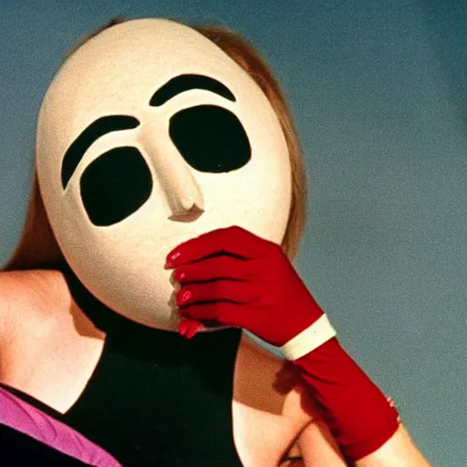 Image similar to 1970 woman wearing a mask with a long prosthetic nose long snout with nostril, prosthetic eyeballs, wearing a leotard on the hillside 1970 color archival footage color film 16mm holding a hand puppet Fellini Almodovar John Waters Russ Meyer Doris Wishman