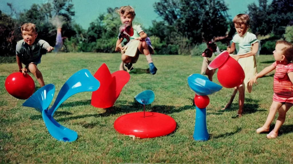 Prompt: 1 9 6 0's children playing with plastic flying tornado - and spiral - shaped toy called