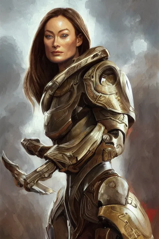 Image similar to a professional painting of a young Olivia Wilde, clothes in military armor, olive skin, long dark hair, beautiful bone structure, symmetrical facial features, intricate, elegant, digital painting, concept art, smooth, sharp focus, illustration, from StarCraft by Ruan Jia and Mandy Jurgens and Artgerm and William-Adolphe Bouguerea