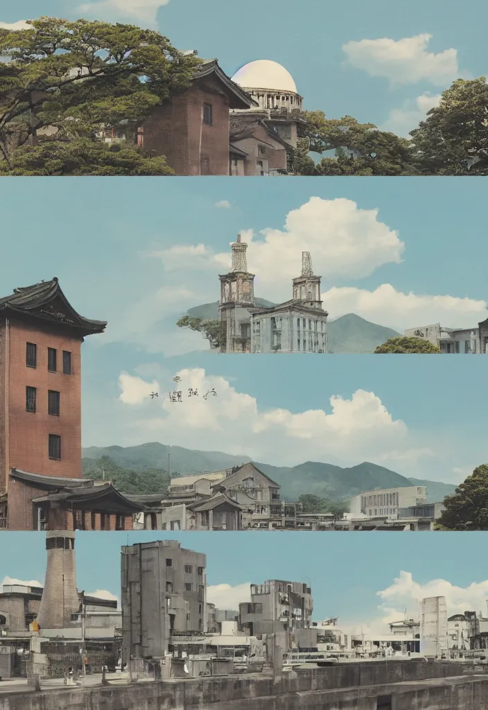 Image similar to sightseeing in hiroshima japan, picturesque view of the atomic bomb dome, a photo collage detailed painting, in the style of wes anderson, lola dupre, david hockney, isolated on negative white space background, volumetric octane render