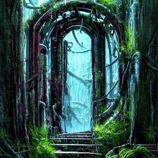 Image similar to stairs leading to a frozen derelict portal in a middle of a snowy lush futuristic forest, green lush world seen only through a portal, daylight, cinematic lighting, blue sky, syd mead, john harris