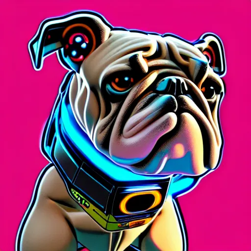 Image similar to « a comic styled cyborg bulldog sitting down, cyberpunk digital art by greg rutkowsky, illustration, colourful, sharp focus, highly detailed, future tech, sketchfab »