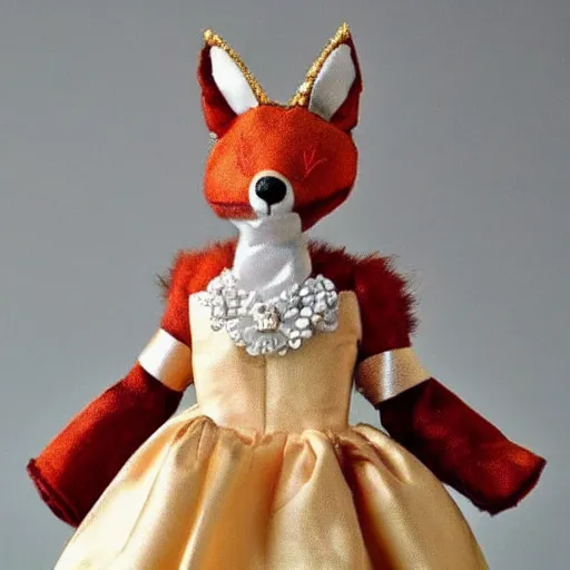 Prompt: a toy fox wearing a beautiful queen dress, highly detailed, exquisite, fabulous