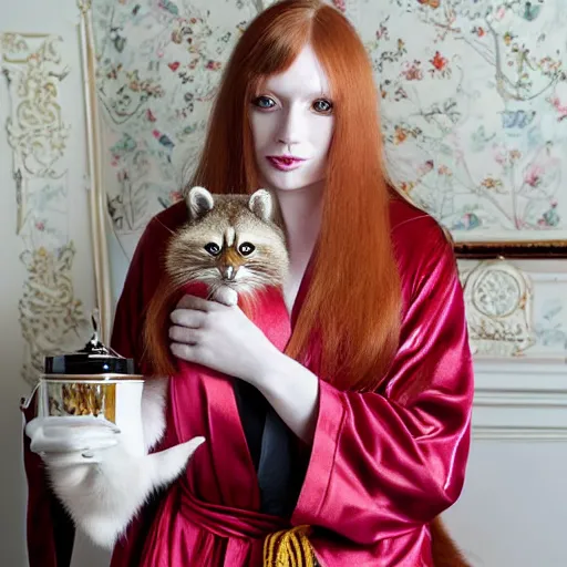 Prompt: a stunning hyper-detailed photo of a slender beautiful woman with straight long ginger hair and bangs, wearing a luxurious silk robe, wearing headphones and posing with her large ginger tabby cat and raccoon and parrots in a red overstuffed easy chair in her Victorian living room, holding a porcelain parrot-shaped coffee mug and a donut, perfect eyes, fashion photography, dramatic cinematic lighting, octane render, IBEX Masters, unreal engine, 85 mm lens, paisley wallpaper