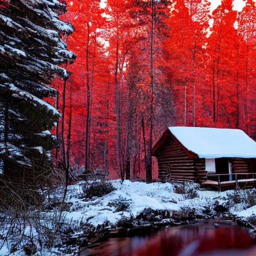 Prompt: a landscape picture of a cabin in a forest during winter with a stream made of red hot lava flowing next to it