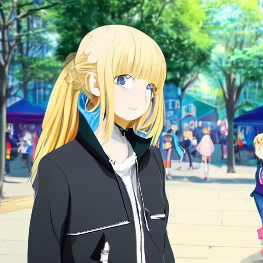 Image similar to blonde - haired princess, anime princess, wearing black jacket and white leggings, looking through crowd, town street, festival street, trees, green trees, blue lighting, blue sunshine, strong lighting, strong shadows, vivid hues, ultra - realistic, sharp details, subsurface scattering, intricate details, hd anime, 2 0 1 9 anime