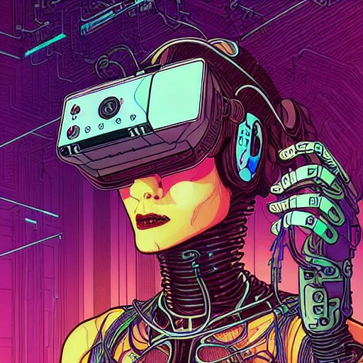 Image similar to a portrait of a beautiful cybernetic woman wearing virtual reality headset, cigarette in mouth, wires, cyberpunk concept art by josan gonzales and philippe druillet and dan mumford and enki bilal and jean claude meziere