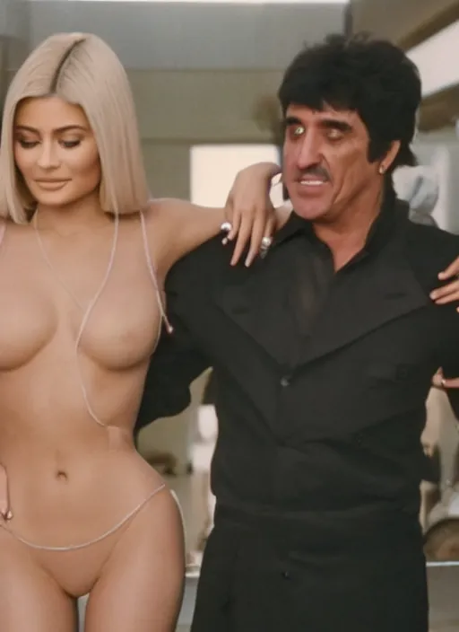 Image similar to film still of kylie Jenner hugging Tony Montana, Tony holding her waist, rear shot, abandoned station